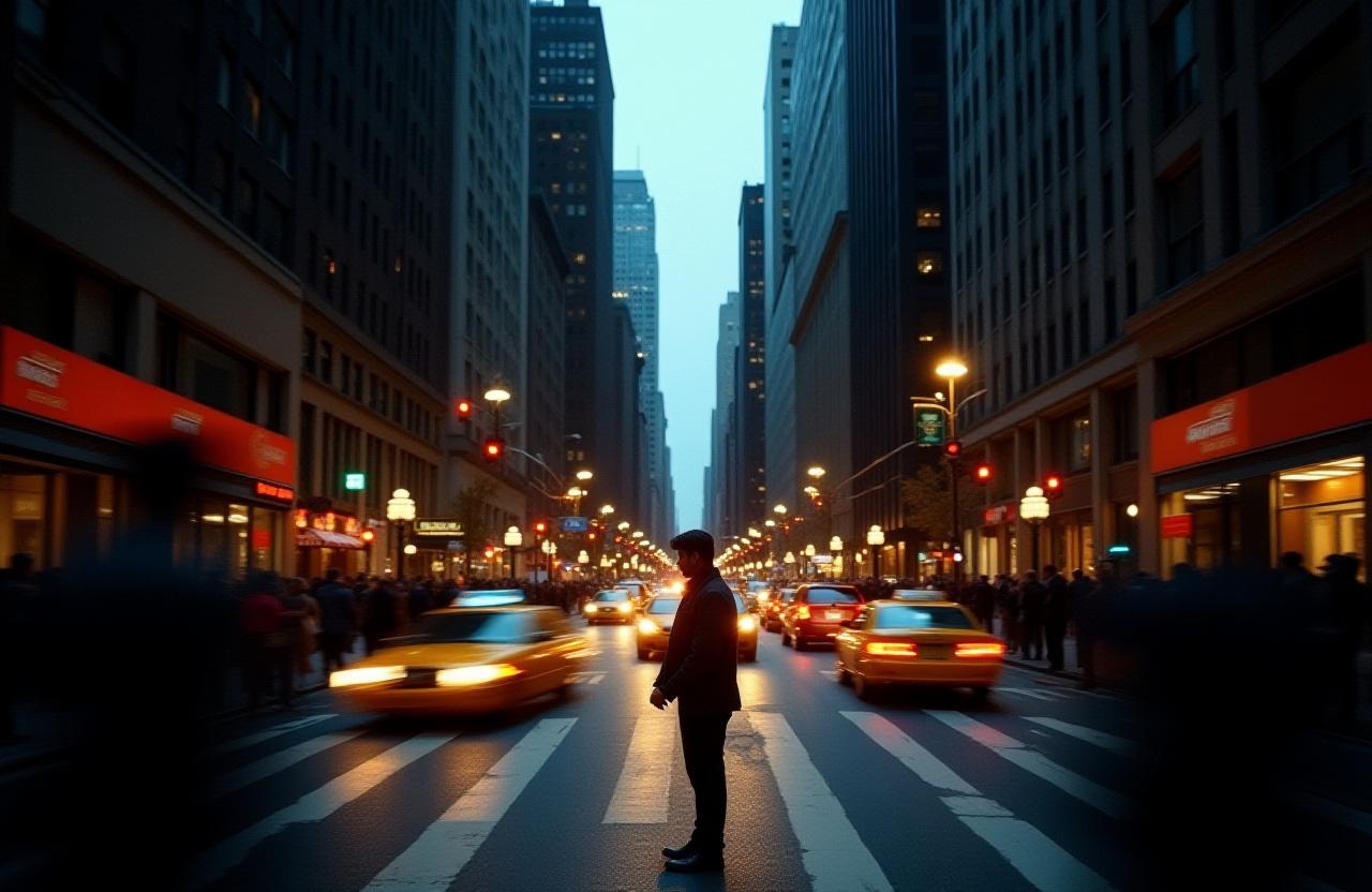 Bustling New York City street photography with high-contrast lighting