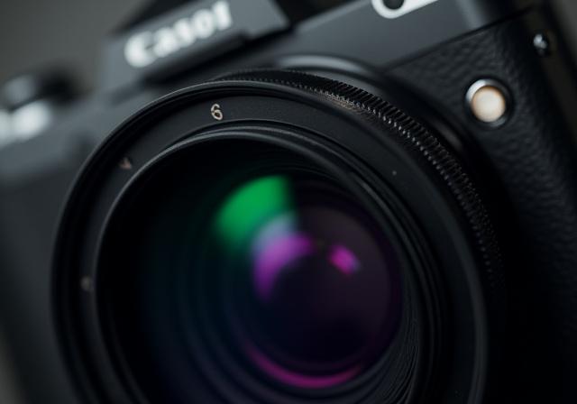 Close-up of a high-end mirrorless camera lens with professional studio lighting